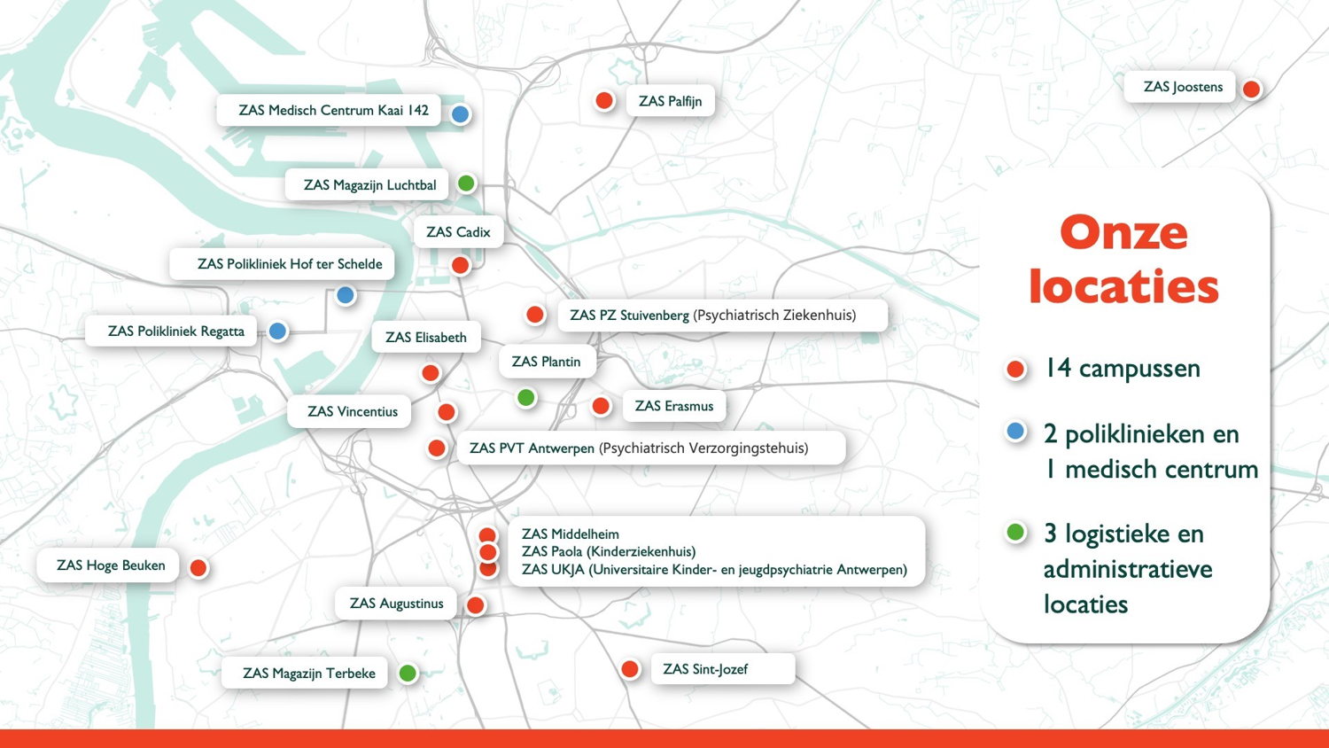 Kaartje met alle locaties van Ziekenhuis aan de Stroom.