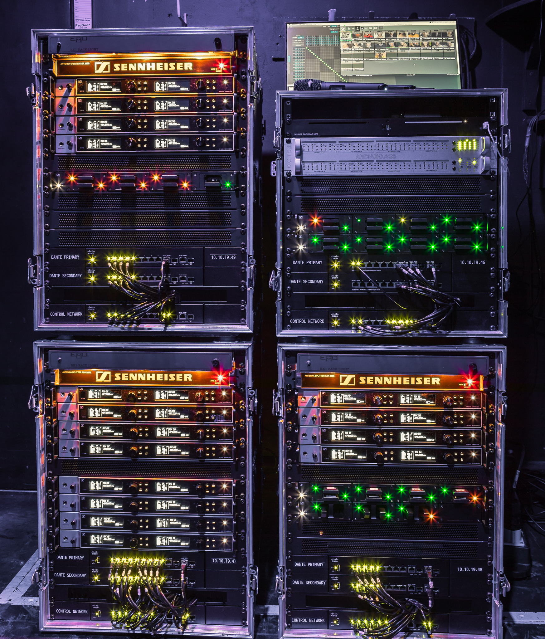 Autograph supplied 32 channels of Sennheiser’s Digital 6000-series to Curve, ready built into one 16-way and two 8-way racks, all complete with custom-made panel work for AES and analogue outputs plus data and antennae patching, plus internal power distribution on each Autograph supplied 32 channels of Sennheiser’s Digital 6000-series to Curve, ready built into one 16-way and two 8-way racks, all complete with custom-made panel work for AES and analogue outputs plus data and antennae patching, plus internal power distribution on each