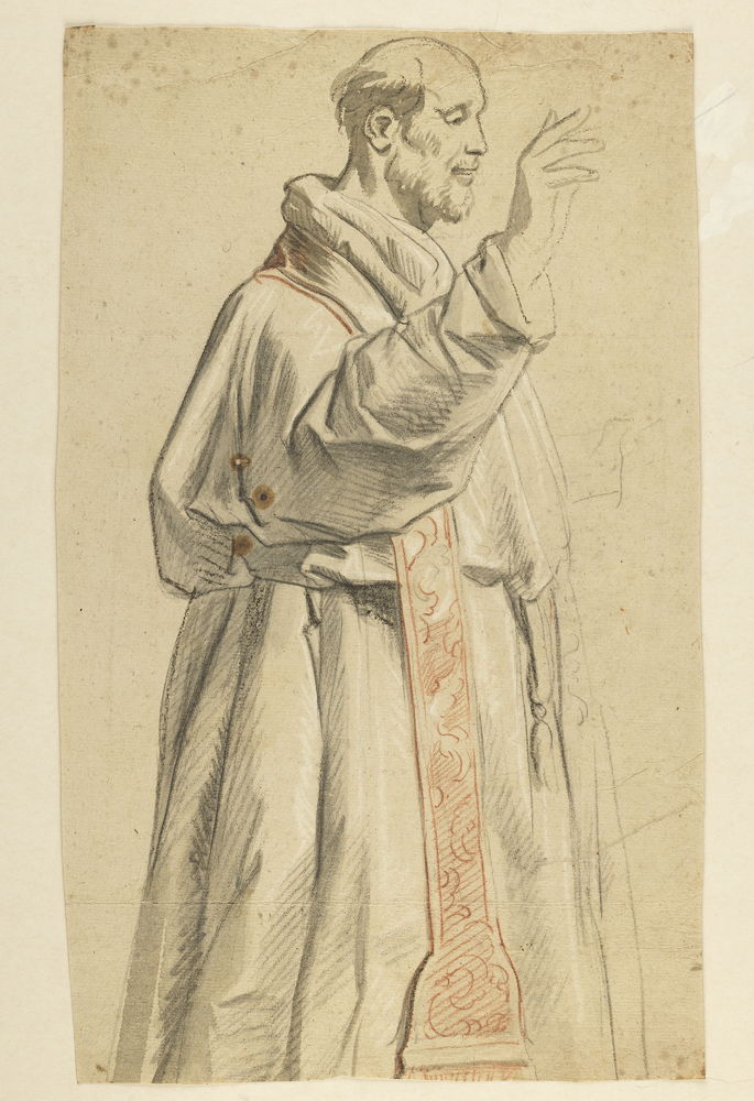 Jacques Jordaens (Antwerpen 1593 – 1678)  Prêtre bénissant Craie noire, sanguine et craie blanche, lavis gris . Prêt de longue durée de Stichting Jean van Caloen 