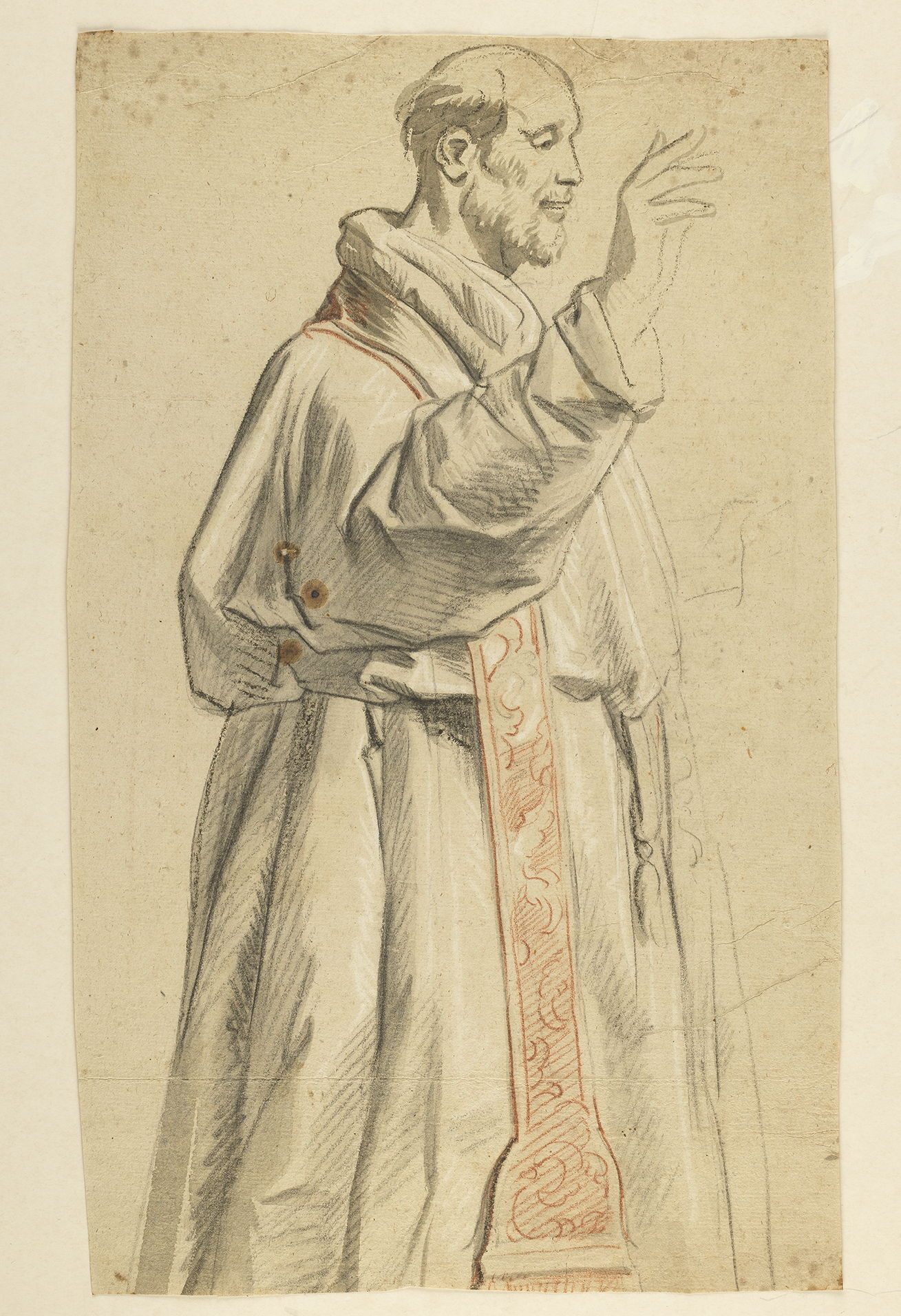 Jacques Jordaens (Antwerp 1593 – 1678)  ,Priest raising his hand in a gesture of blessing Black, red and white chalk, grey wash. On long-term loan from Stichting Jean van Caloen