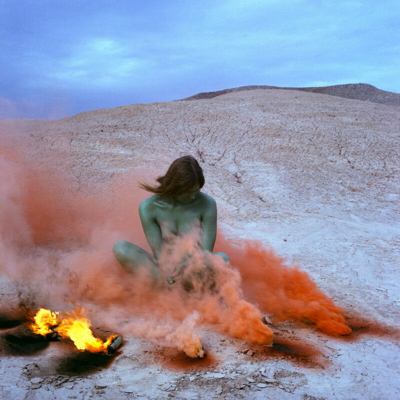Judy Chicago, Immolation from Women and Smoke, 1972 / Fireworks performance Performed by Faith Wilding in the California Desert © Judy Chicago/Artists Rights Society (ARS), New York  Photo courtesy of Through the Flower Archives, Courtesy of the artist; Salon 94, New York; and Jessica Silverman Gallery, San Francisco 