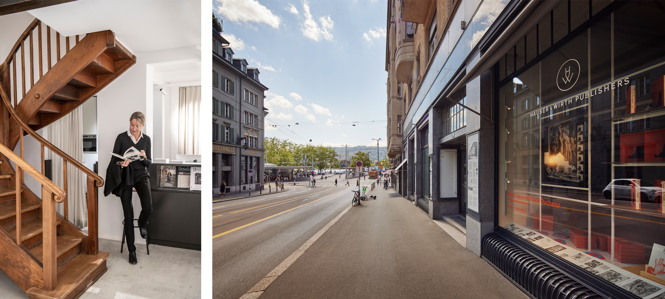 (left) Hauser & Wirth Publishers Headquarters and Bookshop, Zurich, Switzerland © Hauser & Wirth Publishers. Photo: Noë Flum; (right) Dr. Michaela Unterdörfer, Executive Director Publications. Courtesy Hauser & Wirth Publishers. Photo: Sim Canetty-Clarke