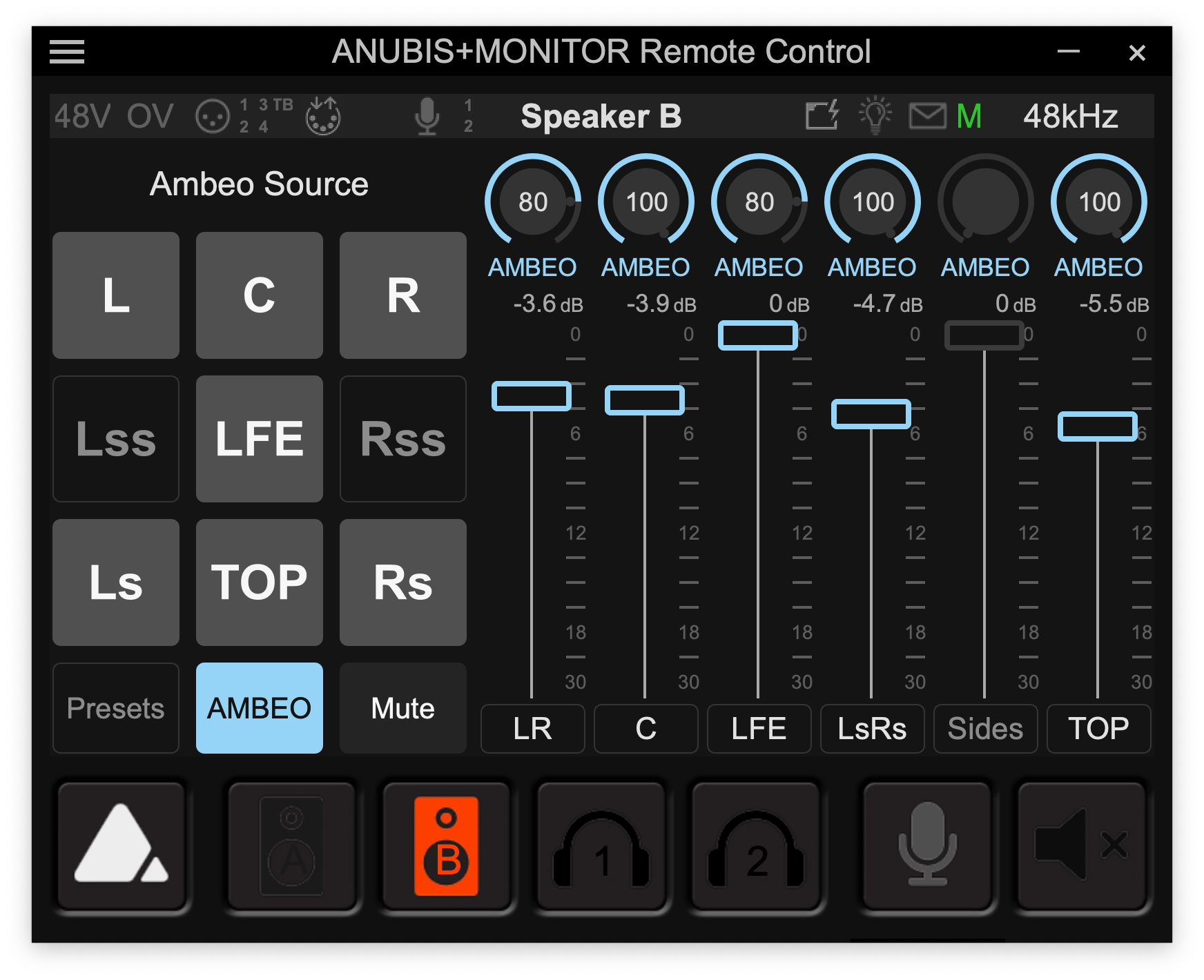 Der AMBEO 2-Channel Spatial Audio Live Renderer macht Surround-Sound und immersive Inhalte für alle Zuschauer*innen erfahrbar. Das Bild zeigt den Prototypen des Renderer-Interfaces. Hier kann der verbesserte 2-Kanal-Mix feinabgestimmt werden; die Steuerung erfolgt über Anubis, eine Standard-Software im Broadcast-Bereich.