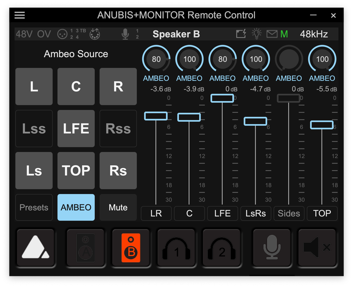 O renderizador AMBEO 2-Channel Spatial Audio proporciona facilidade em produção de conteúdo surround e imersivo para todos os visualizadores. Na foto, o protótipo da interface do renderizador para ajustar a aprimoração da mixagem espacial de dois canais, controlada por meio do software de controle remoto Anubis