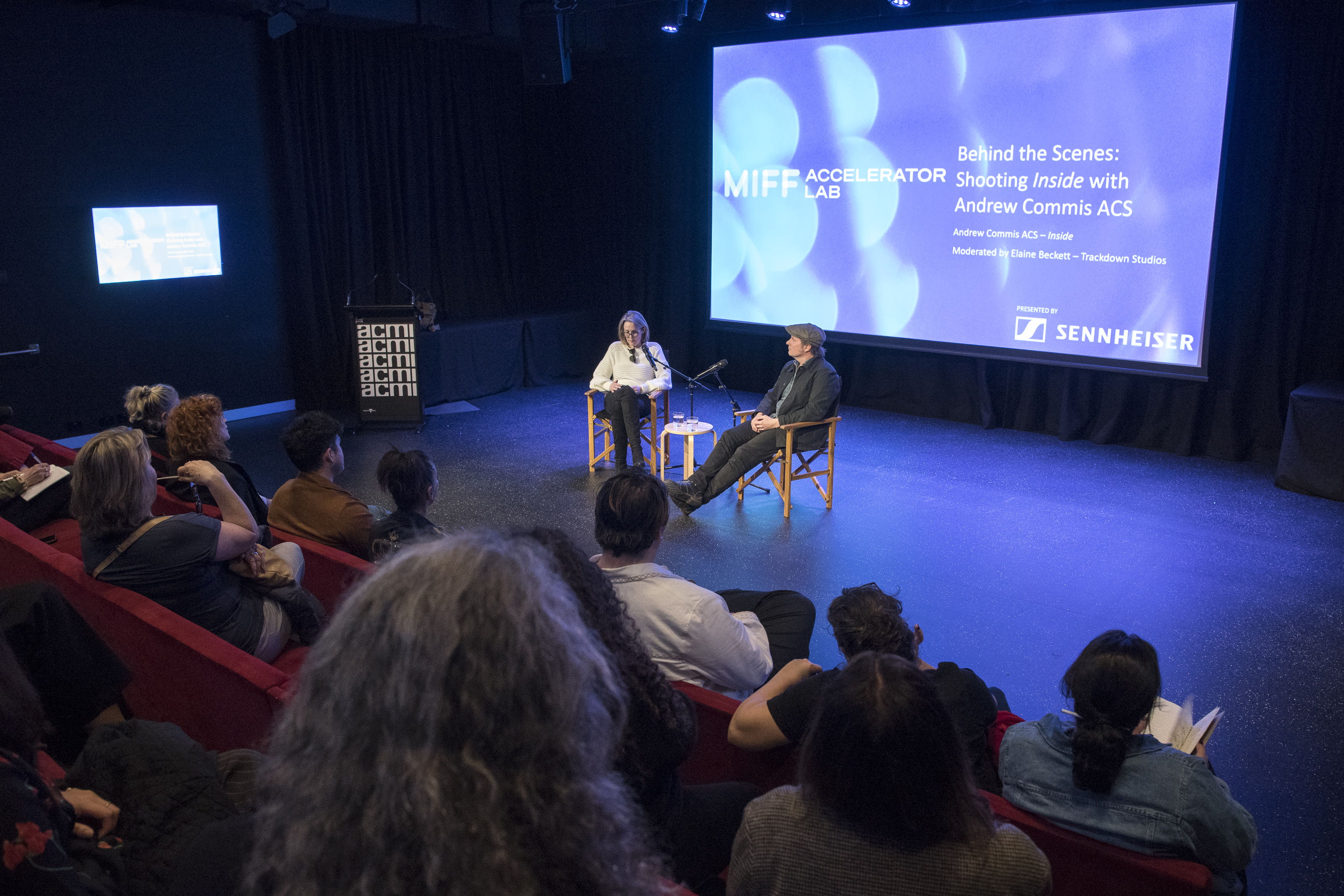 Elaine Beckett and Andrew Commis at the Talent of Tomorrow Party during their panel discussion