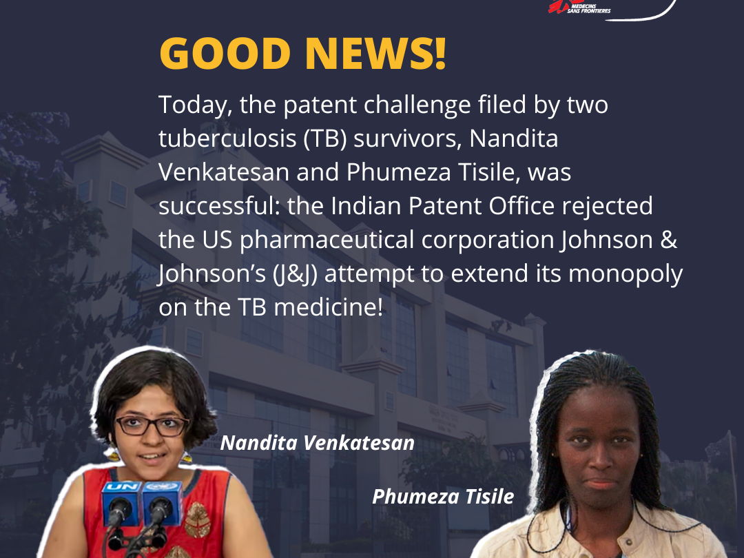 MSF aplaude el rechazo de la Oficina de Patentes india al intento de Johnson & Johnson de ampliar el monopolio de la bedaquilina, un medicamento contra la tuberculosis que salva vidas