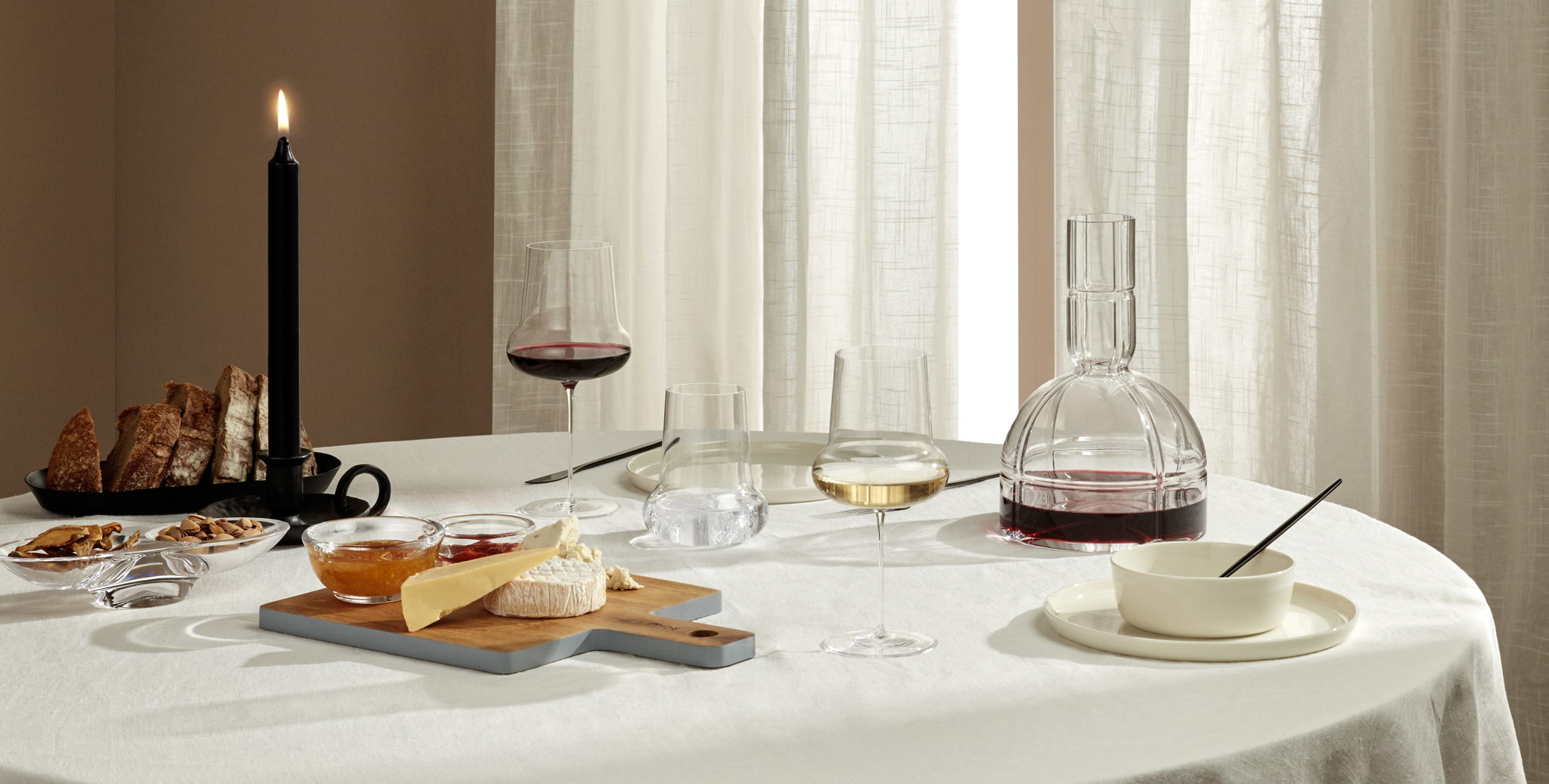 Ghost Zero Belly Red Wine & White White Glass, €85 each; Tumbler Set of 2, €85; 02 Wine Carafe, €59; Delicatessen Serving Set, €65; Silhouette Compartment Tray, €39