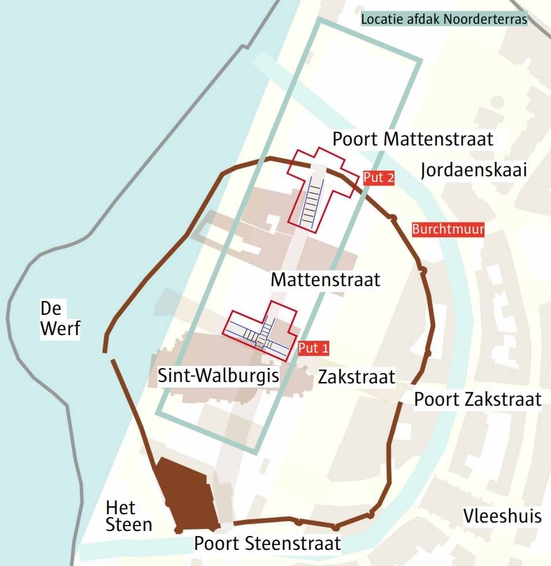 Projectie van de burcht op de plattegrond van het Noorderterras, met aanduiding van de belangrijke gebouwen en archeologische onderzoekzones. ©Stad Antwerpen dienst archeologie