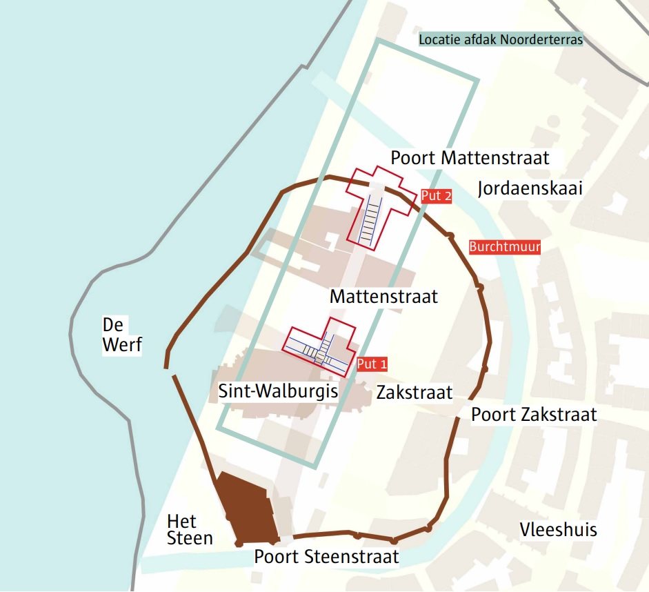 Projectie van de burcht op de plattegrond van het Noorderterras, met aanduiding van de belangrijke gebouwen en de archeologische onderzoekzones. ©Stad Antwerpen dienst archeologie
