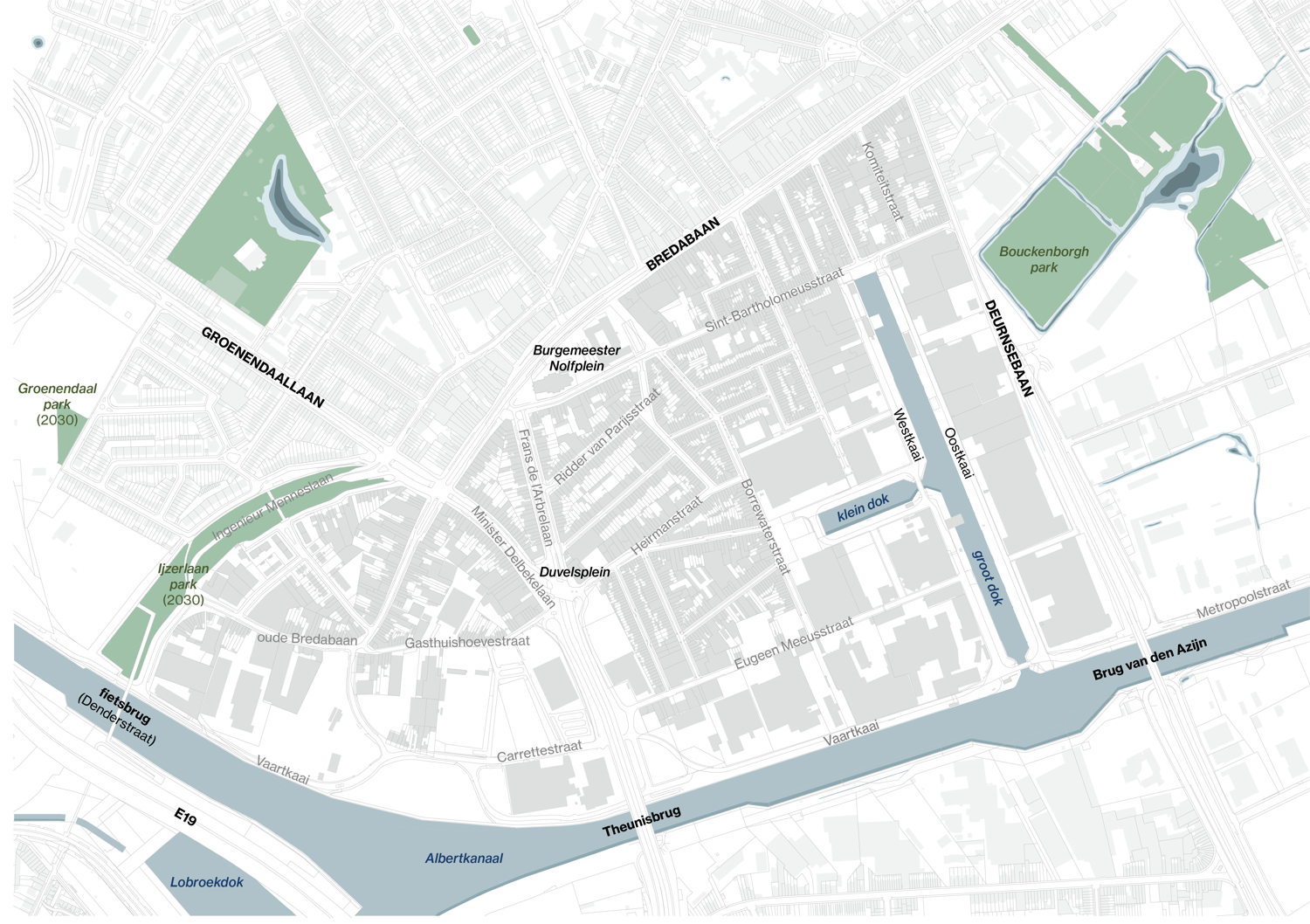 Het plangebied (in grijs) ©stad Antwerpen