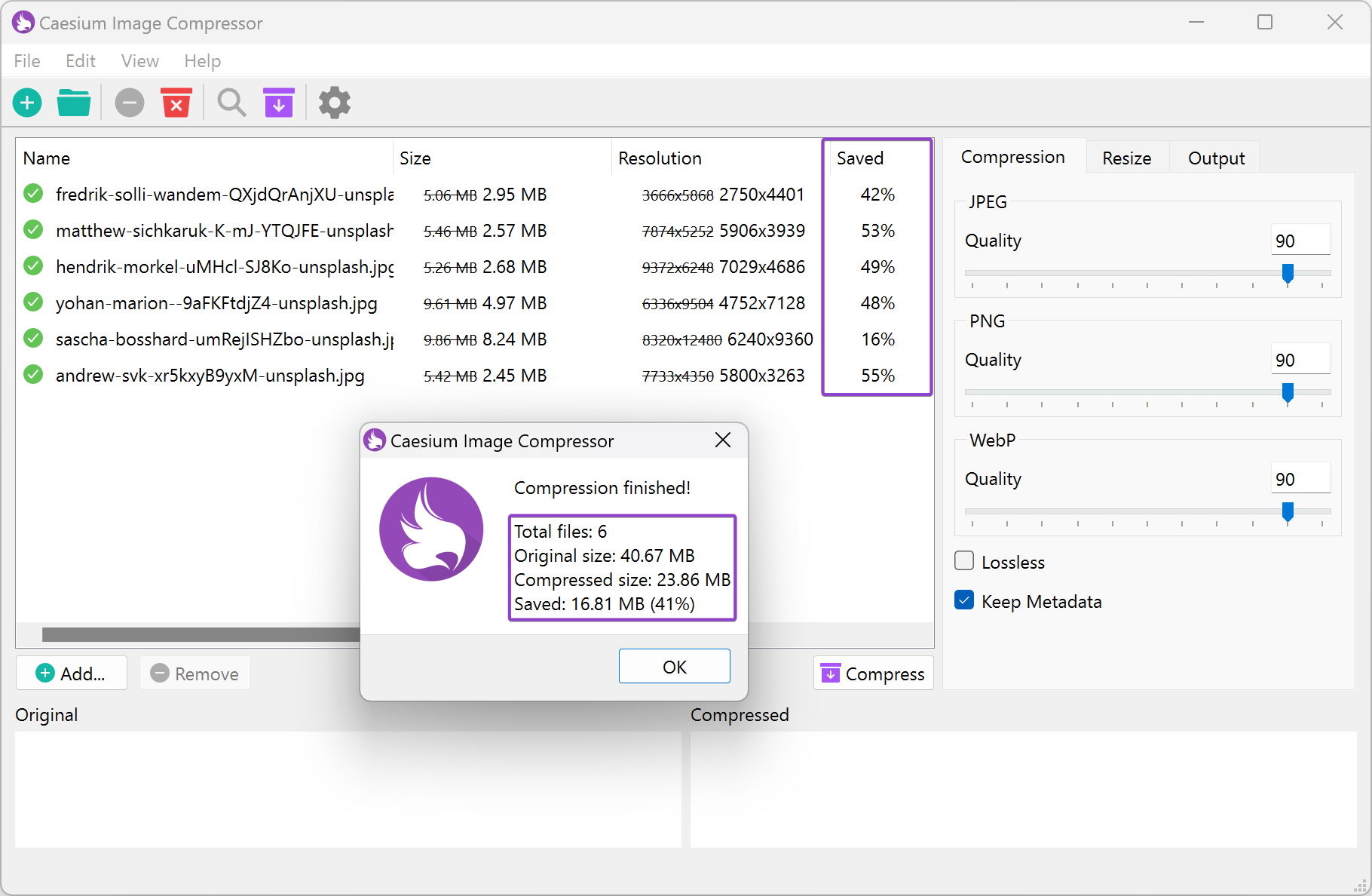 Note the reduction in disk space used by resizing to 75% while retaining the same quality