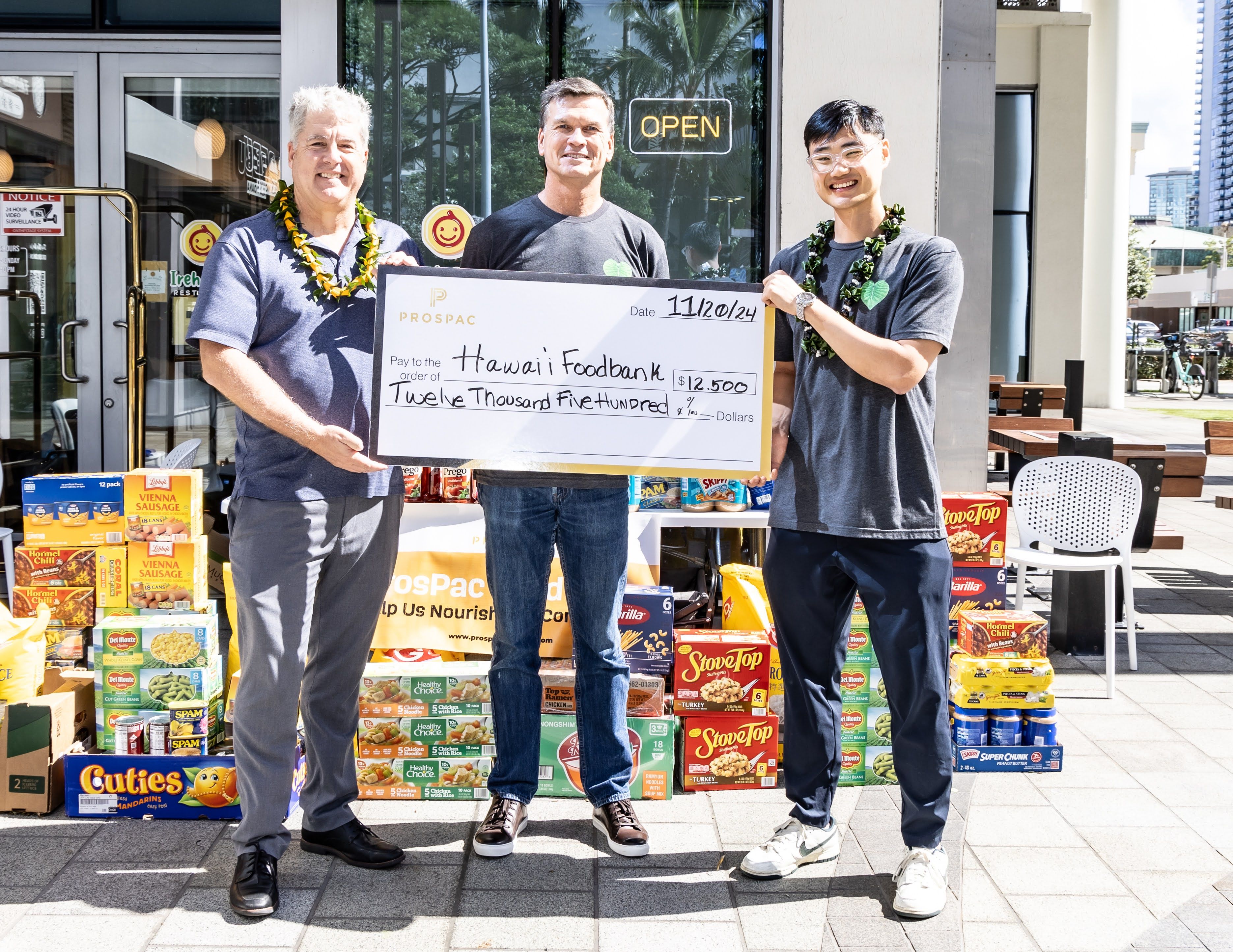 ProsPac Holdings supports Hawai‘i Foodbank with a $12,500 gift. L to R: Dave Washburn, director of institutional giving, Hawai‘i Foodbank; Rick Stack, executive vice president, ProsPac Holdings; Tony Chen, statistician, ProsPac Holdings