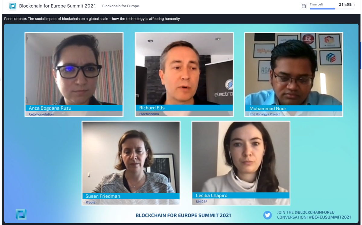 Top left: Anca Bogdana Rusu of cLabs and panel moderator; top middle: Richard Ells of ETN-Network; top right: Muhammad Noor of the Rohingya Project; bottom left: Susan Friedman of Ripple, and Cecilia Chapiro of UNICEF.