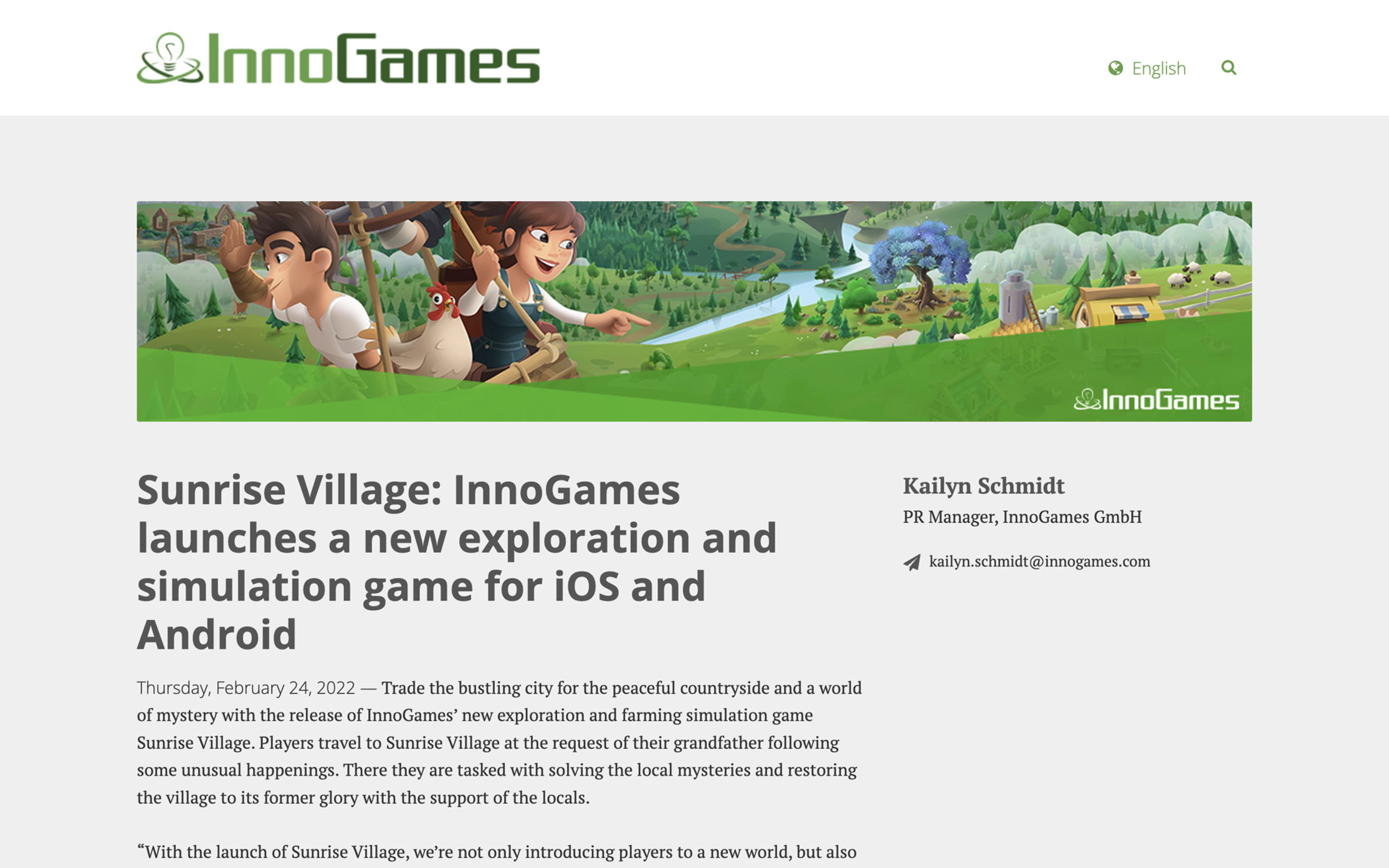 Sunrise Village - Game Launch Press Release 