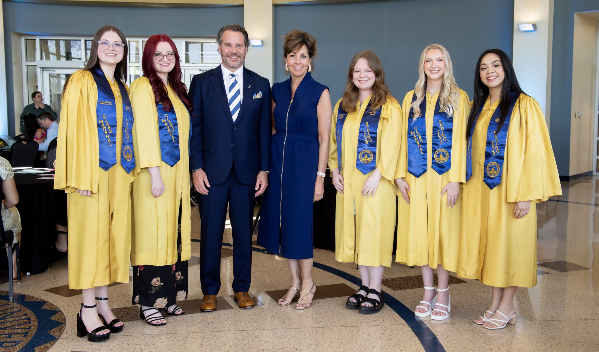 UCO President Todd G. Lamb and First Lady Monica Lamb pose with the five class marshals. UCO President Todd G. Lamb and First Lady Monica Lamb pose with the five class marshals.