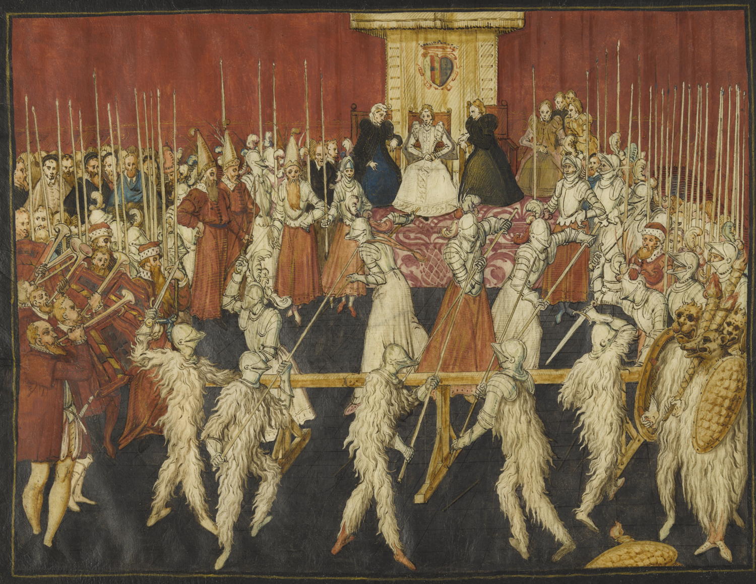 Anoniem (Zuid-Nederlands), ‘Maskerade van wildemannen en amazones te voet tijdens het Grote Banket’, uit het Album van Brussel, 1565-1566, Inw.zb.d. 10255 © From the collection of the University of Warsaw Library