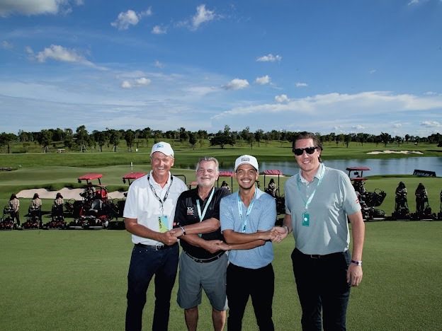 From left to right: Darren Moore, Director of Agronomy, Stonehill; Richard Walne, Managing Director, The Toro Company Asia Pacific; Saris Ratanavadi, Executive Director, Stonehill; and Philipp Hoffmann, Regional Director, Jebsen & Jessen Technology Turf & Irrigation at the LIV Golf Invitational Bangkok 2022.