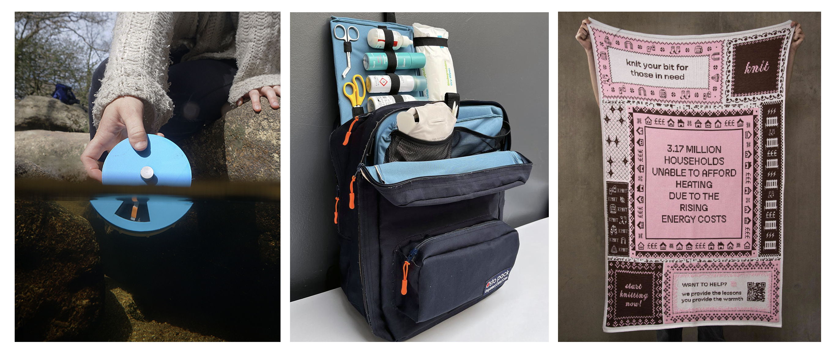 Above (from left): Water testing kit by Iona Tait; stoma medical kit by Christopher El-Nahhas; biodegradable blanket by Veronika Russakova Above (from left): Water testing kit by Iona Tait; stoma medical kit by Christopher El-Nahhas; biodegradable blanket by Veronika Russakova