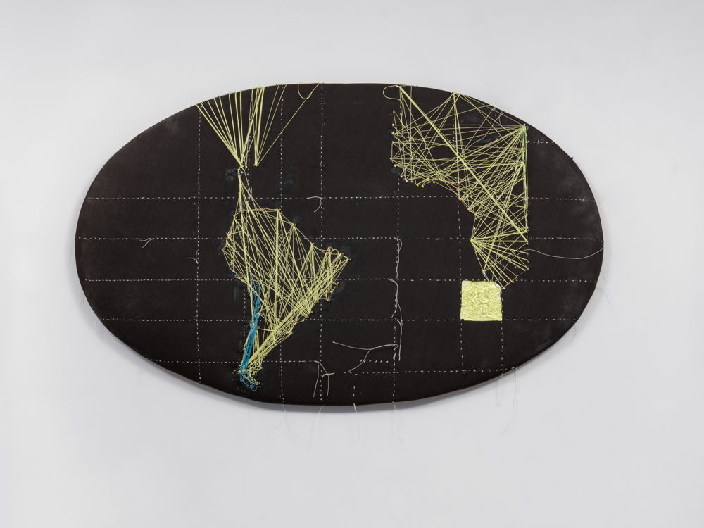 Anna Bella Geiger, EW18 with Africa Map, 2014  Sewing thread and collage in gold leaf on canvas. Courtesy of the artist