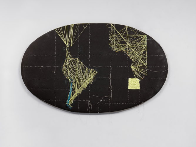 Anna Bella Geiger, EW18 with Africa Map, 2014 Sewing thread and collage in gold leaf on canvas. Courtesy of the artist Anna Bella Geiger, EW18 with Africa Map, 2014 Sewing thread and collage in gold leaf on canvas. Courtesy of the artist