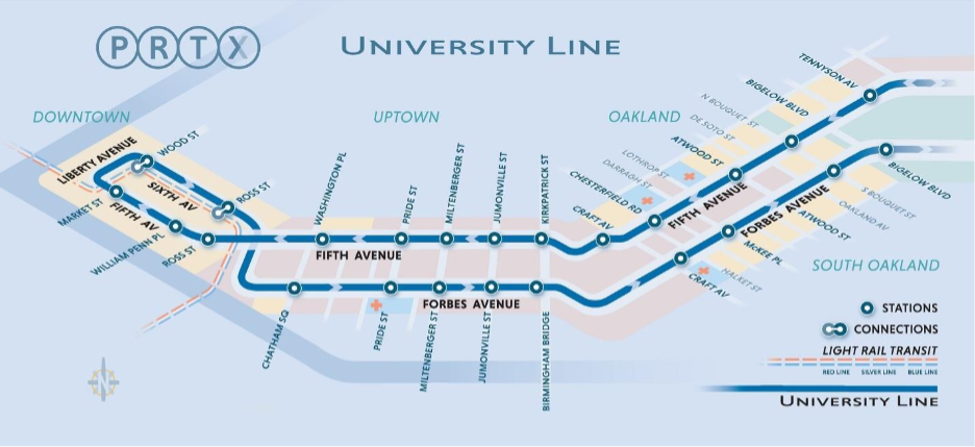 Map of 24 PRTX stations along the University Line corridor Map of 24 PRTX stations along the University Line corridor
