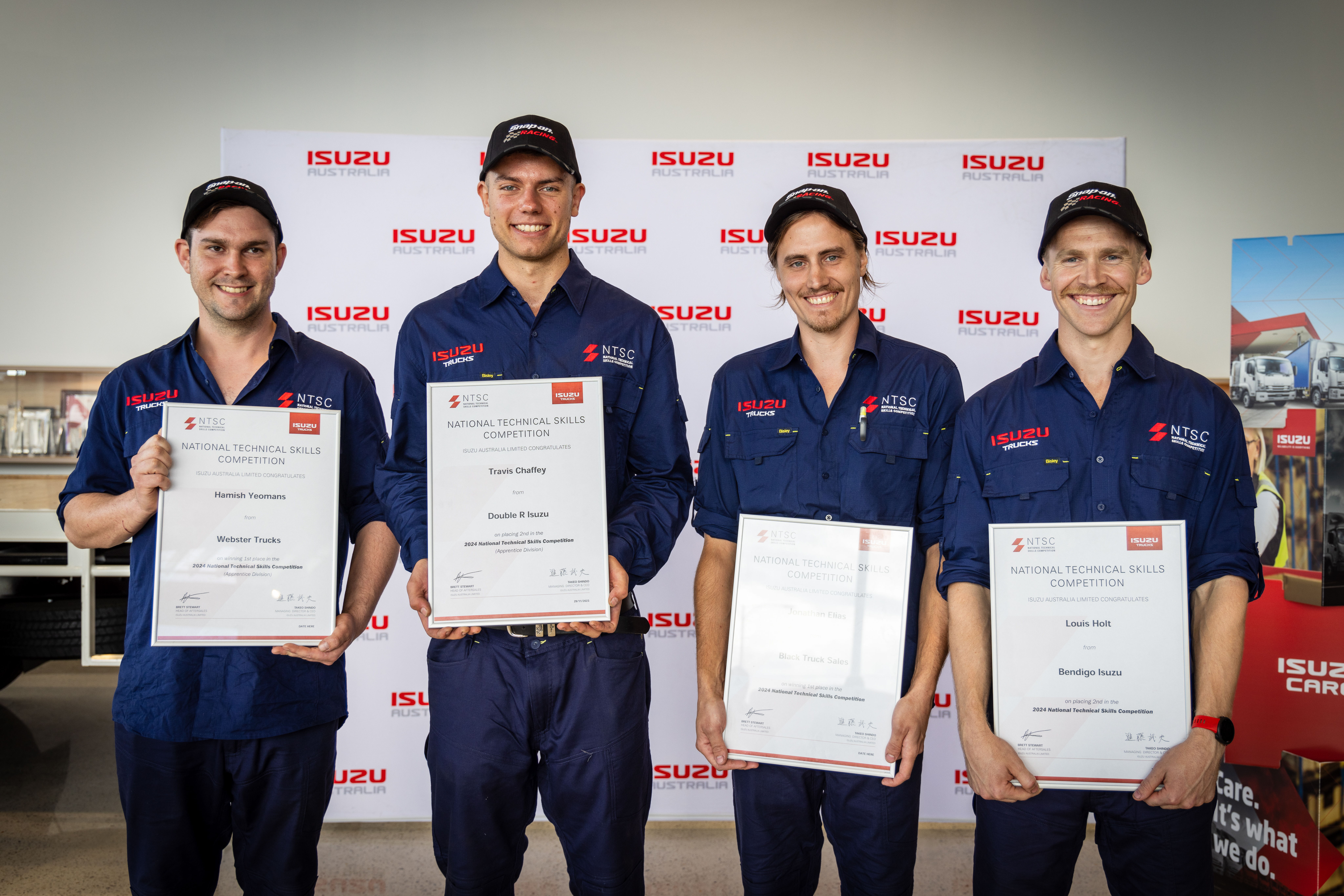 In the apprentice round, Hamish Yeomans (left) of Webster Trucks and Travis Chaffey of Double R Isuzu were the top finalists with Jono Elias of Black Truck & Ag and Louis Holt (right) of Bendigo Isuzu winning the technician round