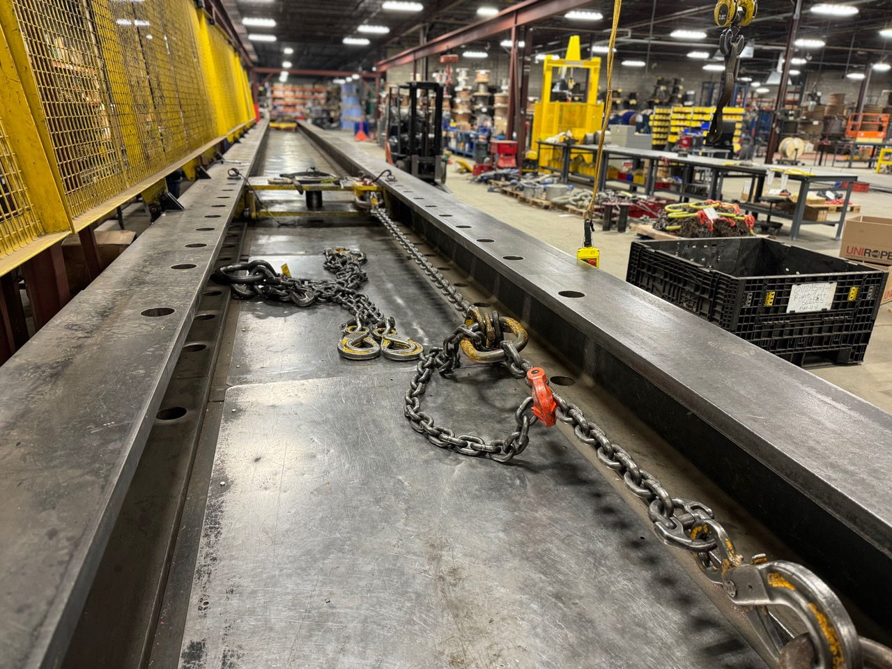 Following inspection and repair of this 7/8” adjustable chain sling, a proof test is performed prior to return to the customer.