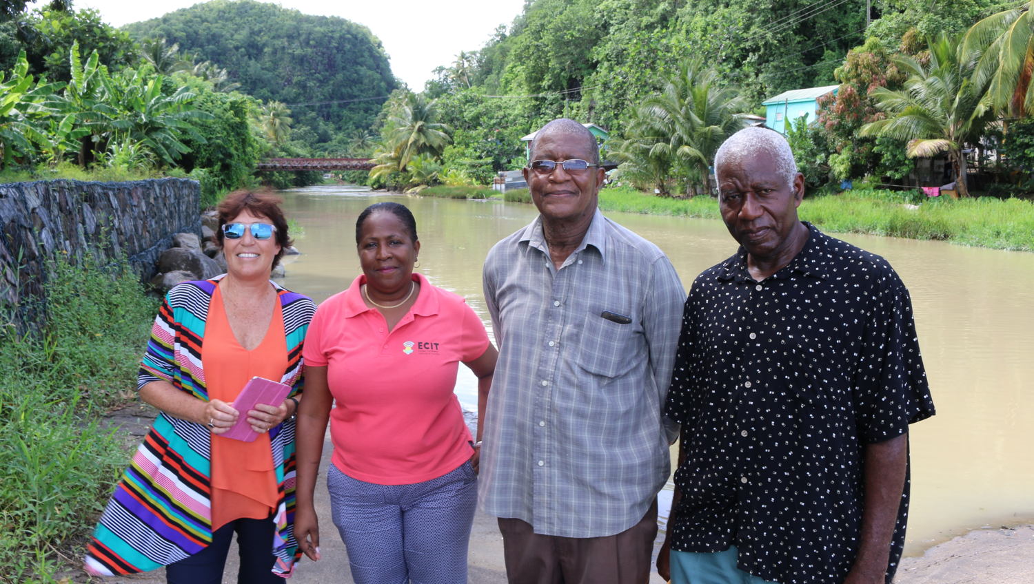 New Zealand High Commissioner, H. E. Jan Henderson, pays a visit to the project in August 2017. (L-R) New Zealand High Commissioner, H.E. Jan Henderson; Representative from the OECS Social & Sustainable Development Division, Mrs. Josette Edward-Charlemagne; Anse La Raye Community Member, Mr. Lawrence Reeves; and Chairman of the Anse La Raye Disaster Committee, Mr. Stephen Griffith.