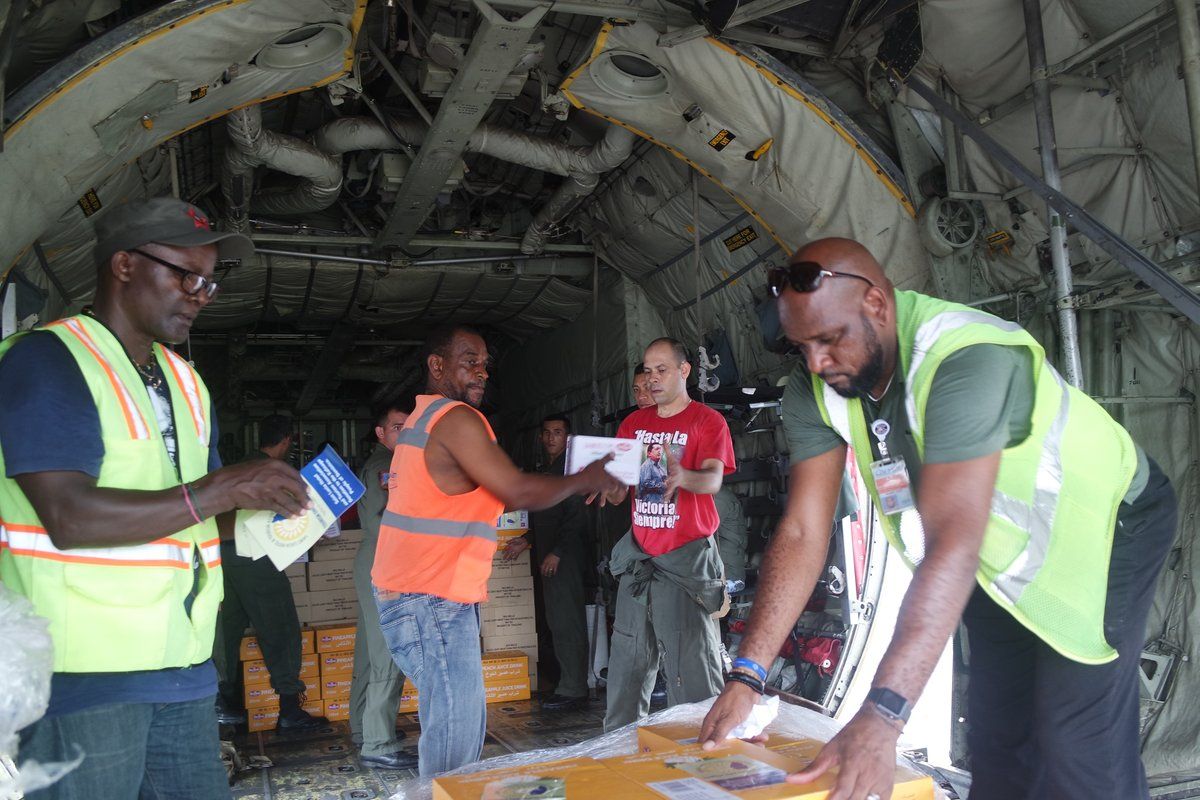 Vital emergency aid is offloaded a National Bolivarian Armed Forces C-130 in Dominica.