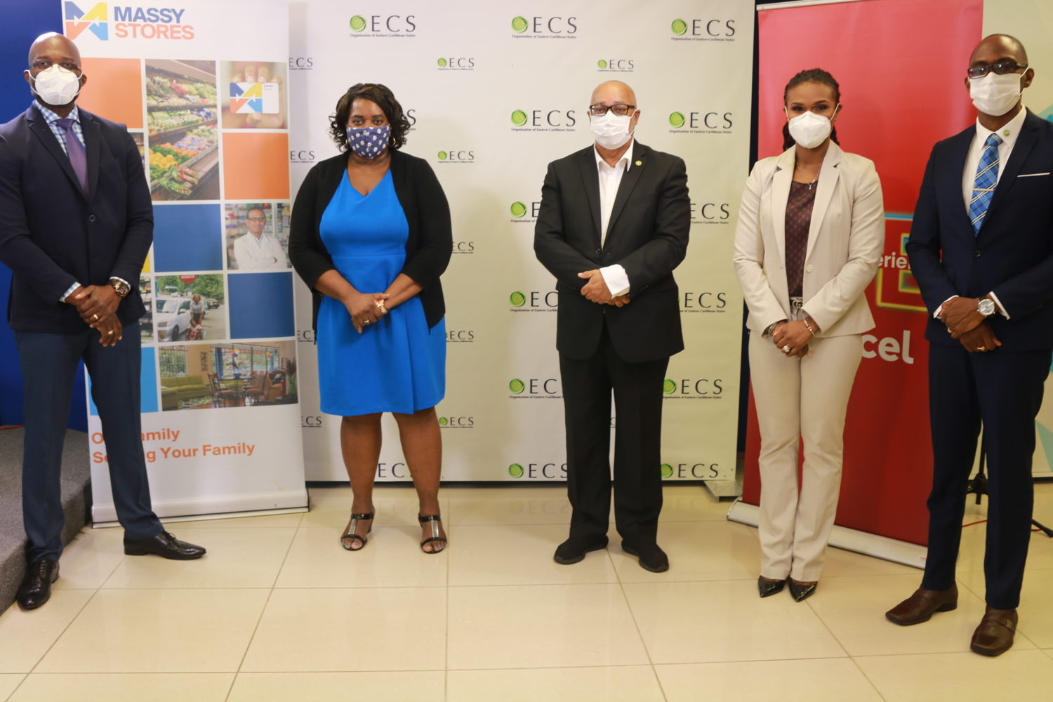 Frm L-R: Martin Dorville (Managing Director - Massy Stores (SLU) Ltd); Jenny Daniel (Deputy Permanent Secretary - Ministry of Health and Wellness Saint Lucia); Dr. Didacus Jules (Director General -Organisation of Eastern Caribbean States); Siobhan James-Alexander (CEO - Digicel Saint Lucia); Abraham Weeks (Officer in Charge - OECS PPS)