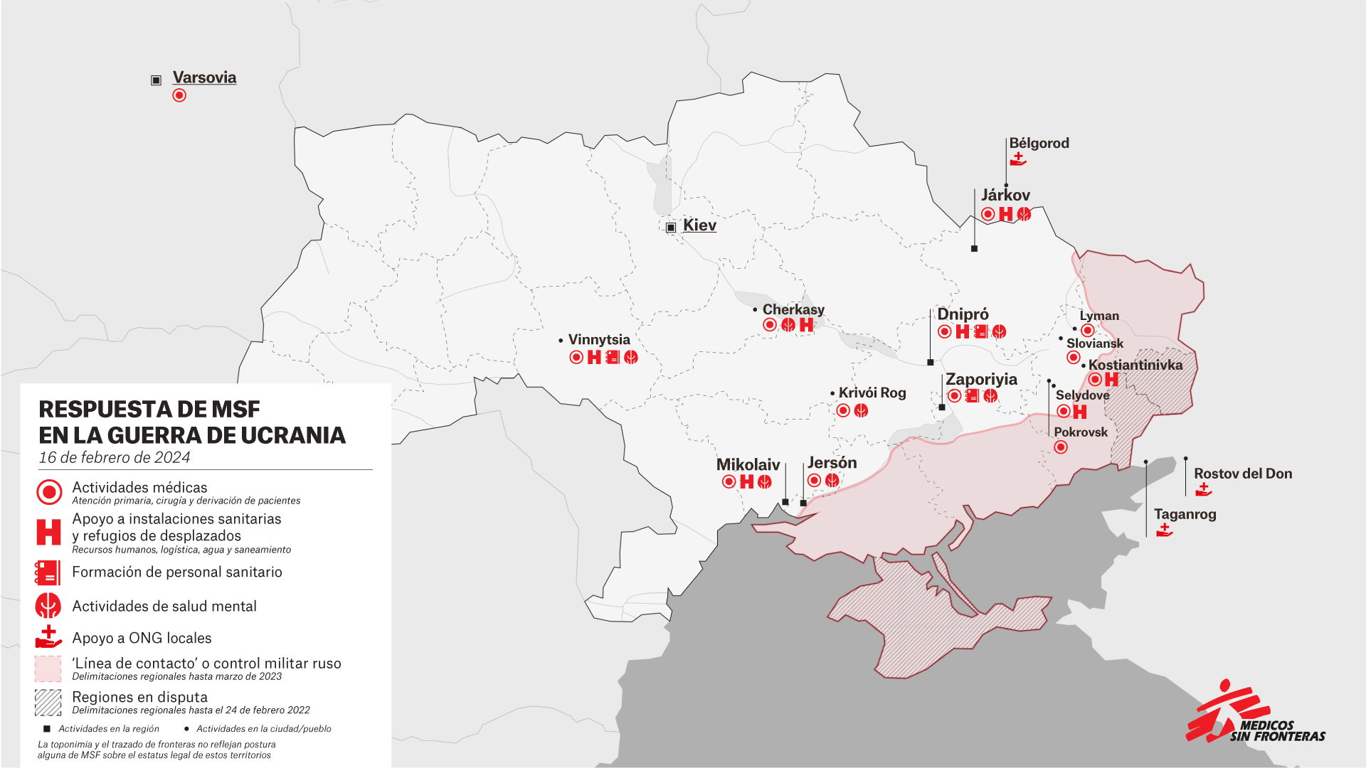 Actividades y ubicaciones de los proyectos de MSF en Ucrania. Febrero de 2024.