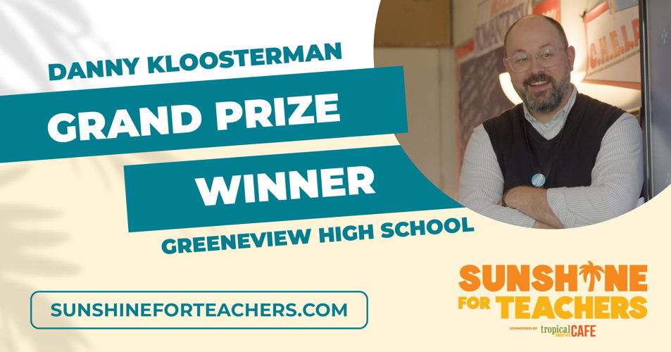 Tropical Smoothie Cafe announced that Danny Kloosterman at Greeneview High School in Jamestown, Ohio won the grand prize including a $10,000 summer getaway in the Sunshine for Teachers contest. Parents, teachers, families and the community voted for the grand prize winner from a list of 20 finalists from across the country. See all the finalists at www.SunshineforTeachers.com. The grand prize included a $10,000 summer getaway and free smoothies for a year, and the school won a $1,000 donation and a schoolwide smoothie party. Tropical Smoothie Cafe announced that Danny Kloosterman at Greeneview High School in Jamestown, Ohio won the grand prize including a $10,000 summer getaway in the Sunshine for Teachers contest. Parents, teachers, families and the community voted for the grand prize winner from a list of 20 finalists from across the country. See all the finalists at www.SunshineforTeachers.com. The grand prize included a $10,000 summer getaway and free smoothies for a year, and the school won a $1,000 donation and a schoolwide smoothie party.
