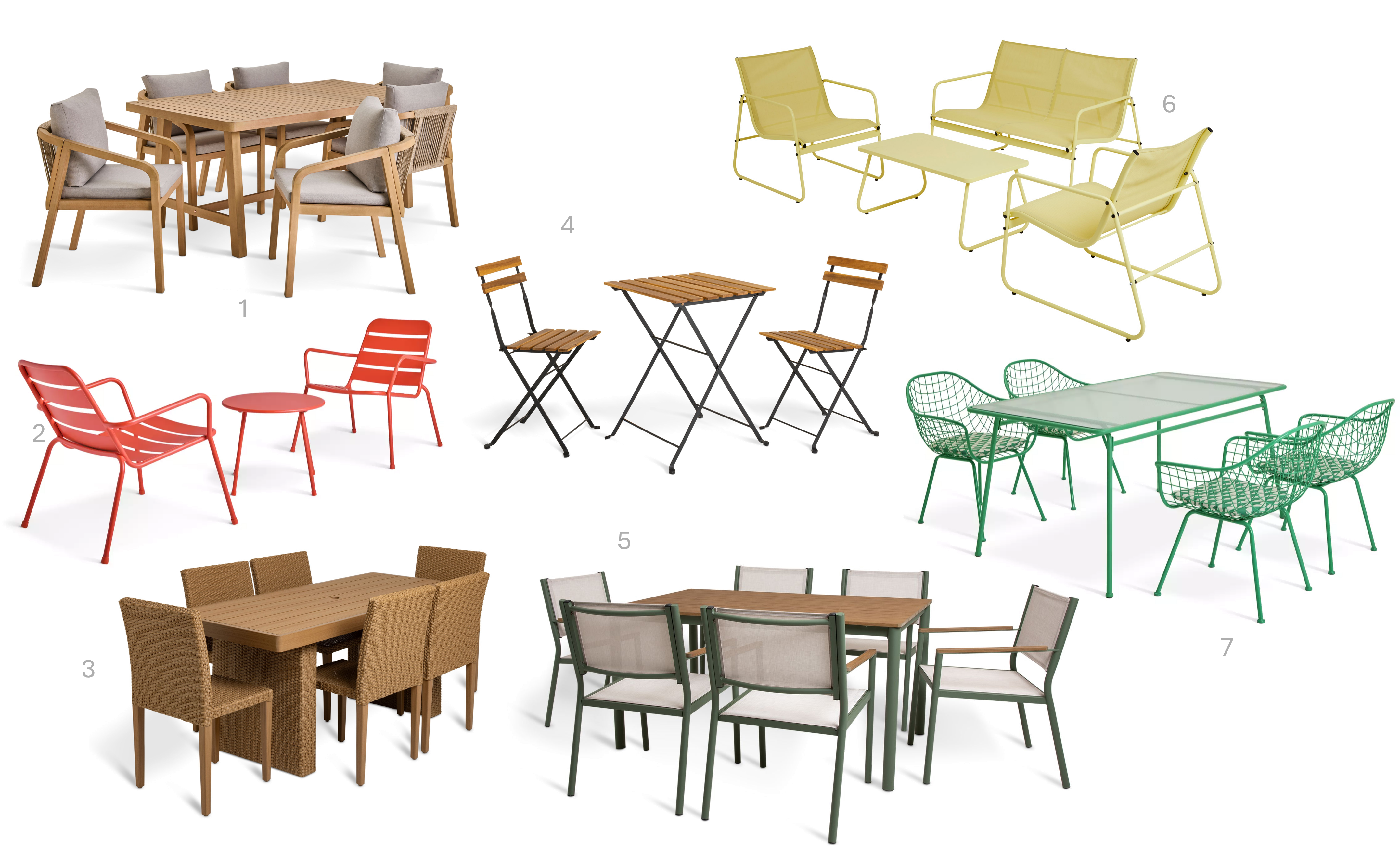 1.Habitat Hania 6 Seater Dining Set, £800, 2. Habitat Annika Bistro - Red, £99, 3. Habitat June Dining Set, £650, 4. Habitat Eve 2 Seater Bistro Set - Wood, £75, 5. Habitat Cali 5 Seater Lounge Set - Yellow, £150, 6. Habitat Myla 6 Seater Dining Set, £450, 7. Habitat x Scion 4 Seater Metal Patio Set – Green, £495