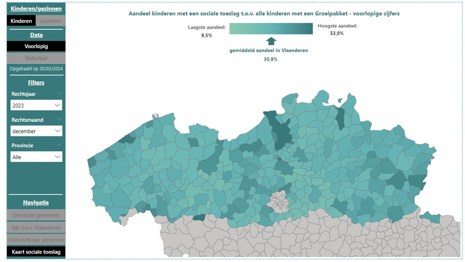 Kinderen met een sociale toeslag per gemeente in 2023