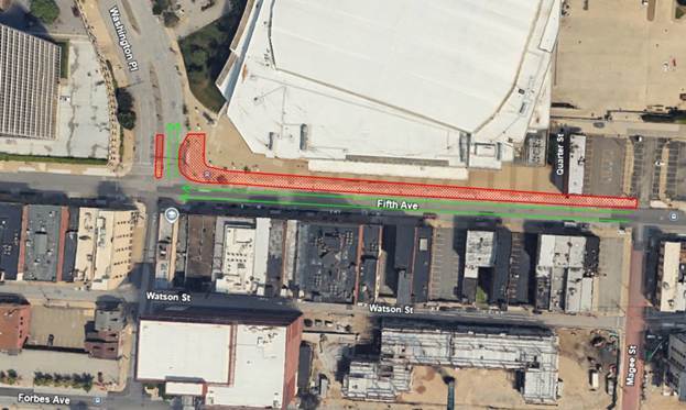 Aerial view of new work zone on Fifth Avenue between Washington Place and Magee Street