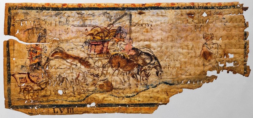 Priam's horses and mules resting for drinking while Hermes shows up to the king and he proposes to drive him to Achilles' tent, from Ilias Picta, 5th-6th century AD, Greek manuscript, illumination on parchment depicting an episode from Homer' Iliad. AKG6030513 © akg-images / Mondadori Portfolio/Veneranda Biblioteca Ambrosiana