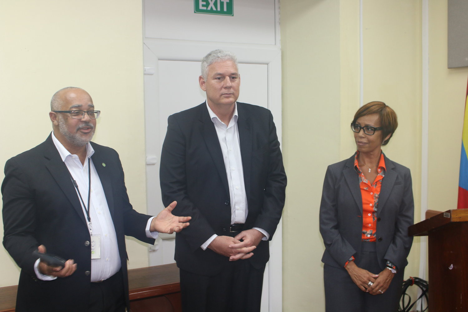 (L to R) OECS Director General Dr. Didacus Jules, Hon. Allen M. Chastanet, Prime Minister of Saint Lucia and Gale Jean Baptise, Head of Human Resources address staff at the OECS Commission 