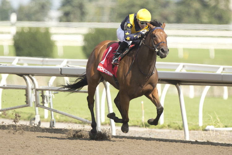 Loyalty and jockey Kazushi Kimura winning the Hendrie Stakes on July 22, 2023 at Woodbine (Michael Burns Photo)