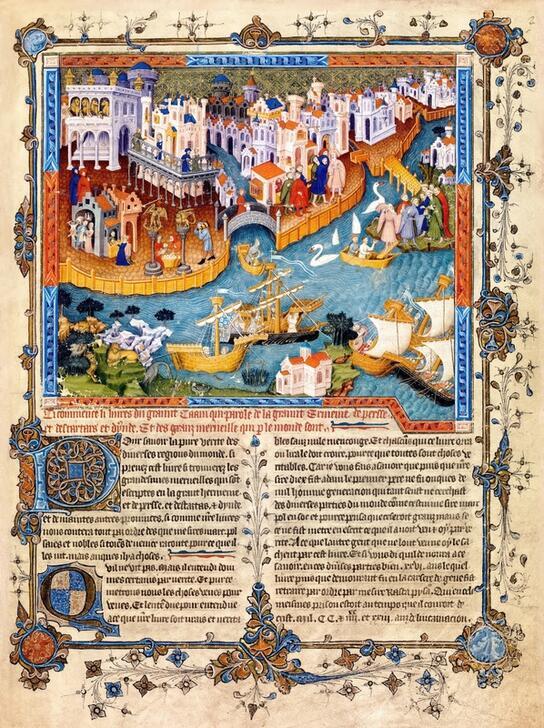 AKG10314078 Prologue du récit, avec une vue de Venise et le départ, en 1260, de Niccolo et Matteo Polo. Li Livres du Graunt Caam, MS. Bodl. 264, f. 218r © akg-images