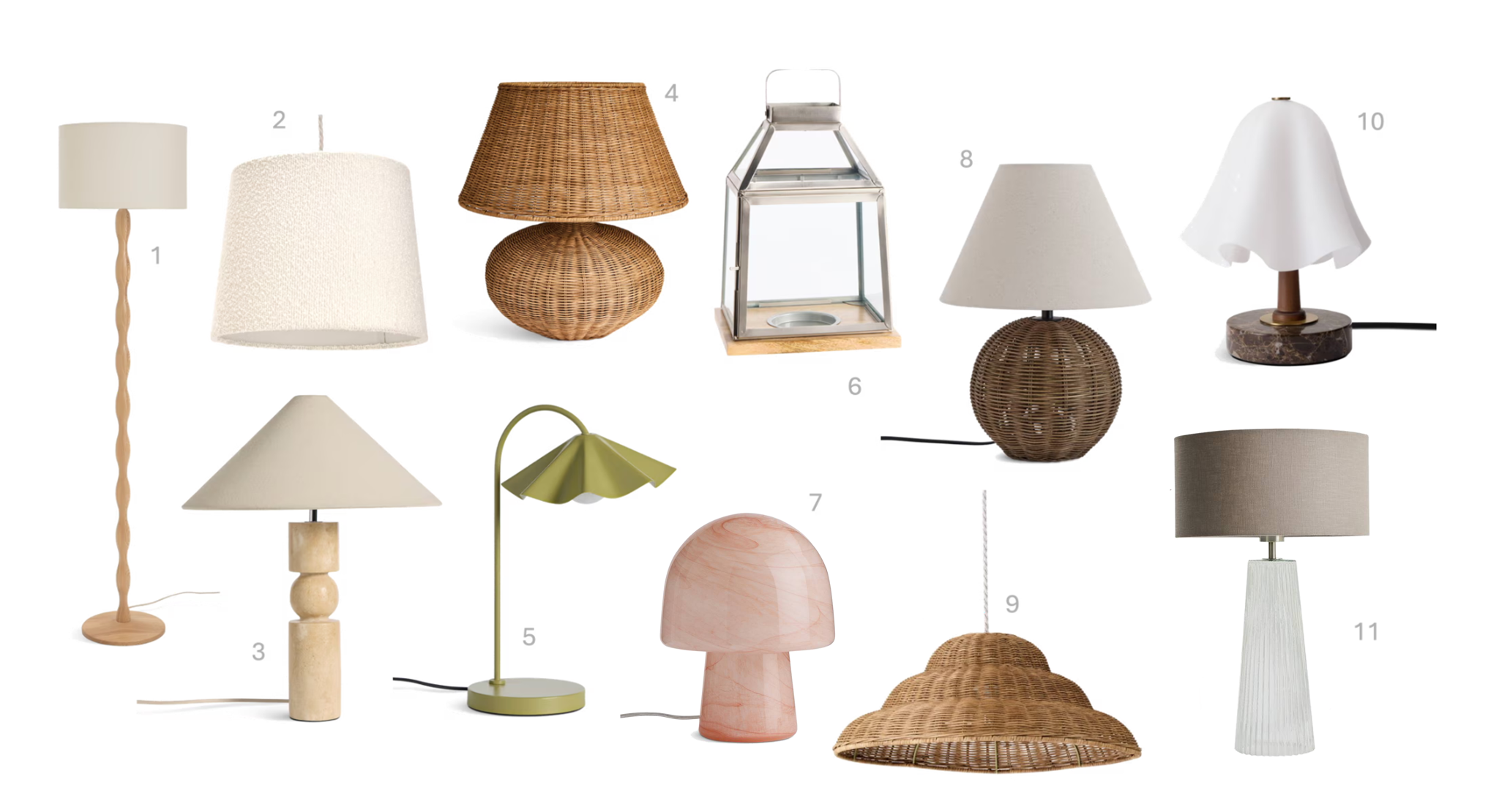 1.Habitat Bobbin Floor Lamp, £145, 2.Habitat Boucle Shade 32x26cm, £20, 3.Habitat Travertine Totum Table Lamp, £70, 4.Habitat XL Rattan Shade and Table Lamp, £80, 5.Habitat Yuno Olive Pleat Table Lamp, £60, 6.Habitat Silver & Wooden Large Lantern, £20, 7.Habitat Alabaster Glass Mushroom Table Lamp - Peach, £35, 8.Habitat Wicker Ball Table Lamp – Natural, £35, 9.Habitat Structured Rattan Natural Easy Fit Lampshade - 50cm, £50, 10.Habitat x Morris & Co. Glass Shade Table Lamp, £45, 11.Habitat Le Marais XL Ribbed Glass Table Lamp Base Only-Clear, £30