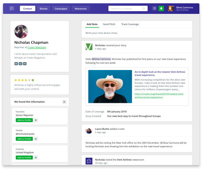 Prezly creates a Facebook-style profile for each of your contacts, showing latest conversations, engagement ratings, team notes and more Prezly creates a Facebook-style profile for each of your contacts, showing latest conversations, engagement ratings, team notes and more