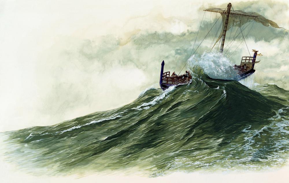 The Northern wind Boreas gets hold of Odysseus’s ships at Cape Malea and cast adrift way beyond the Cyclades.  Watercolour by Peter Connolly. AKG397984 © akg-images / Peter Connolly