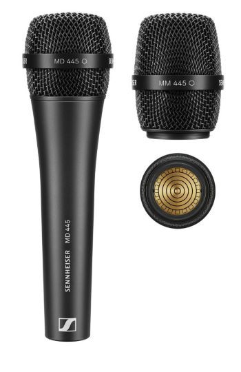 The wired, super-cardioid MD 445 vocal microphone and the MM 445 microphone head (pictured with the capsule interface) for use with Sennheiser wireless transmitters