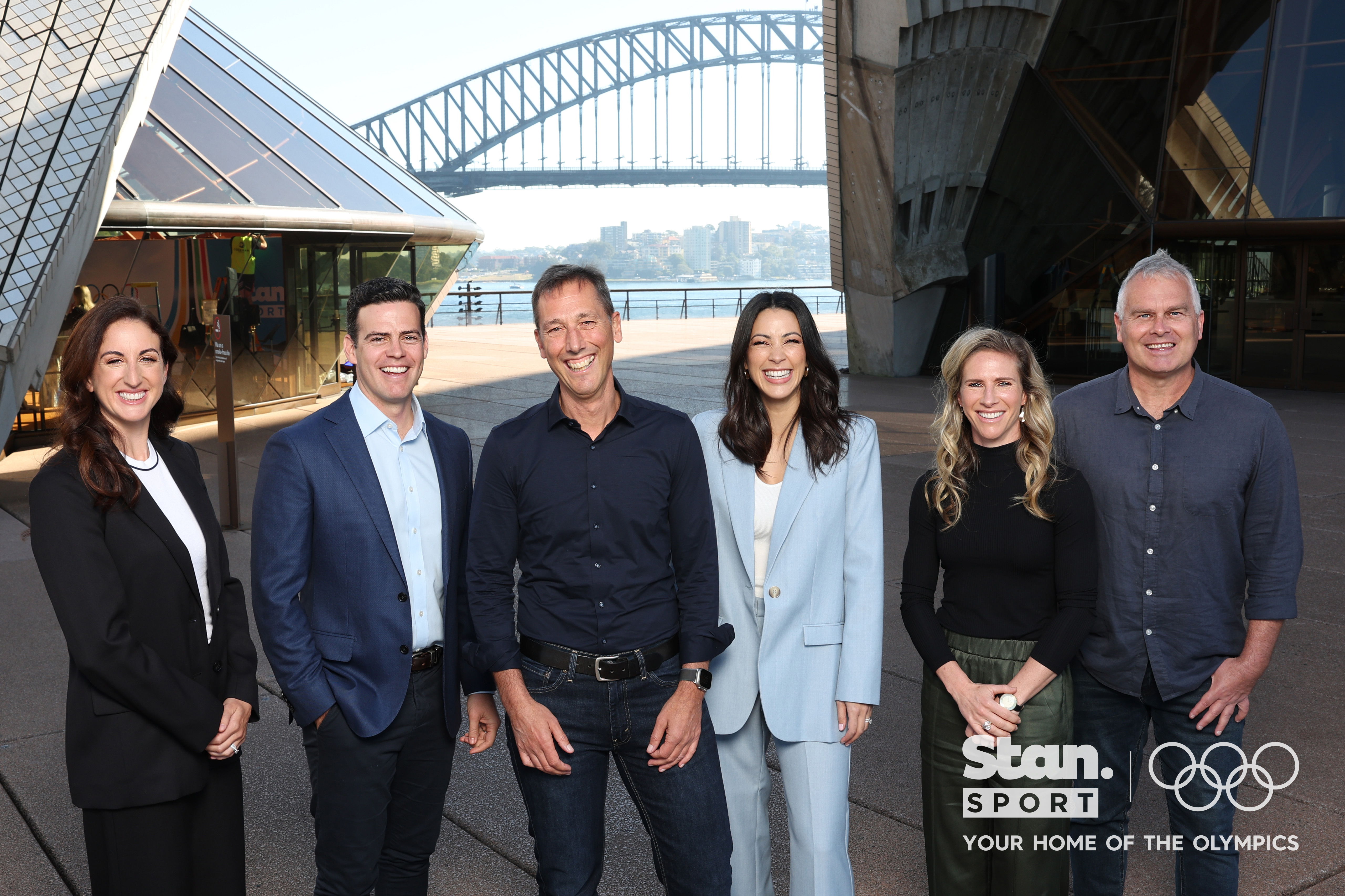 Stan's Paris 2024 Launch at the Sydney Opera House, Wednesday 29 May. L to R: Alicia Lucas, Michael Atkinson, Tara Rushton, CEO Martin Kugeler, Elise Kellond-Knight, Shane Heal