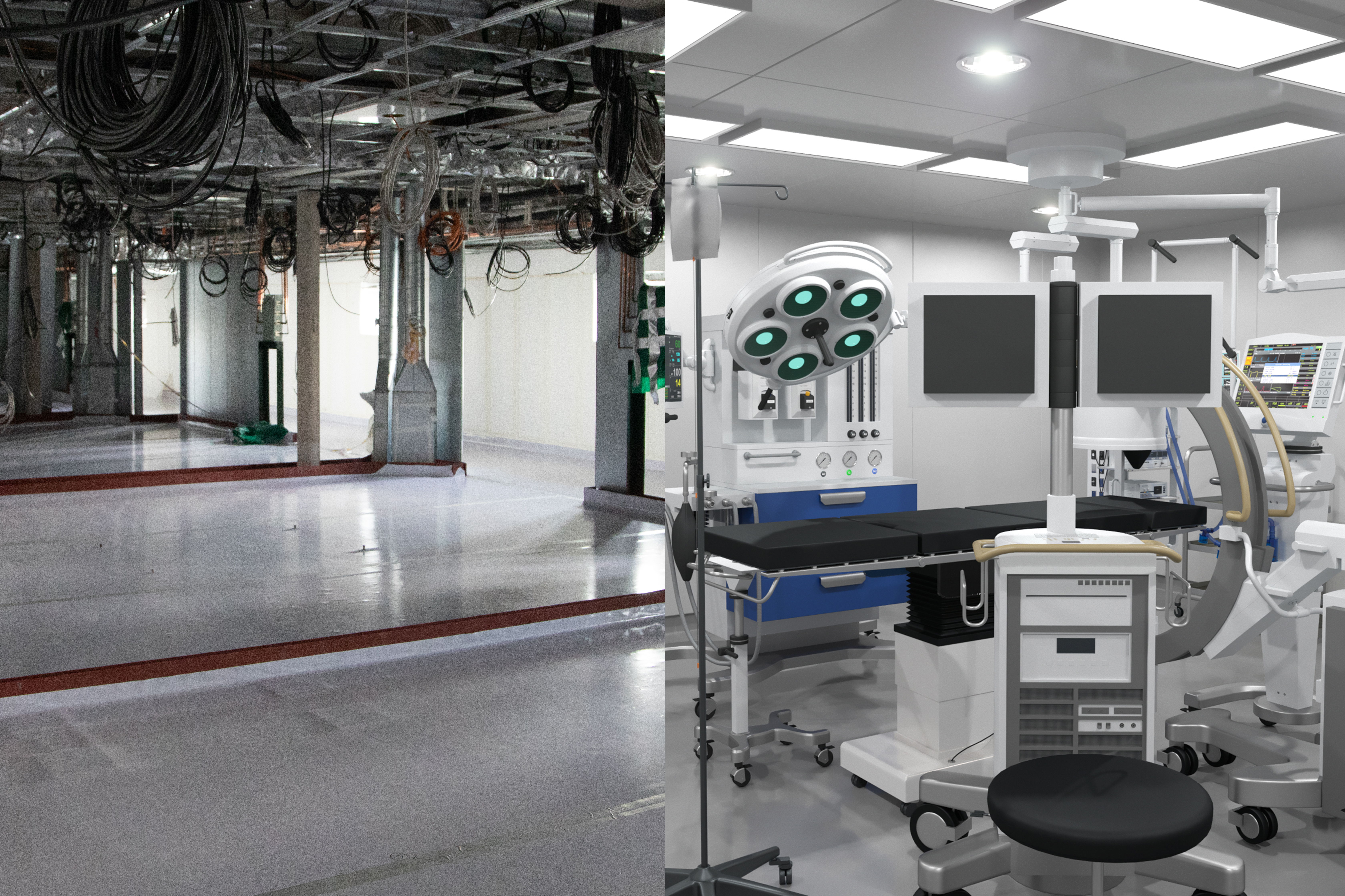 Der Operationssaal der Global Mercy, links in seinem aktuellen Zustand, rechts eine Computervorschau des Endzustandes im Jahr 2021.