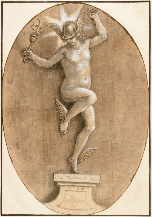 De gevleugelde Mercurius op een voetstuk. Tekening door Jan van der Straet. Uit de collectie van het Museum Plantin-Moretus