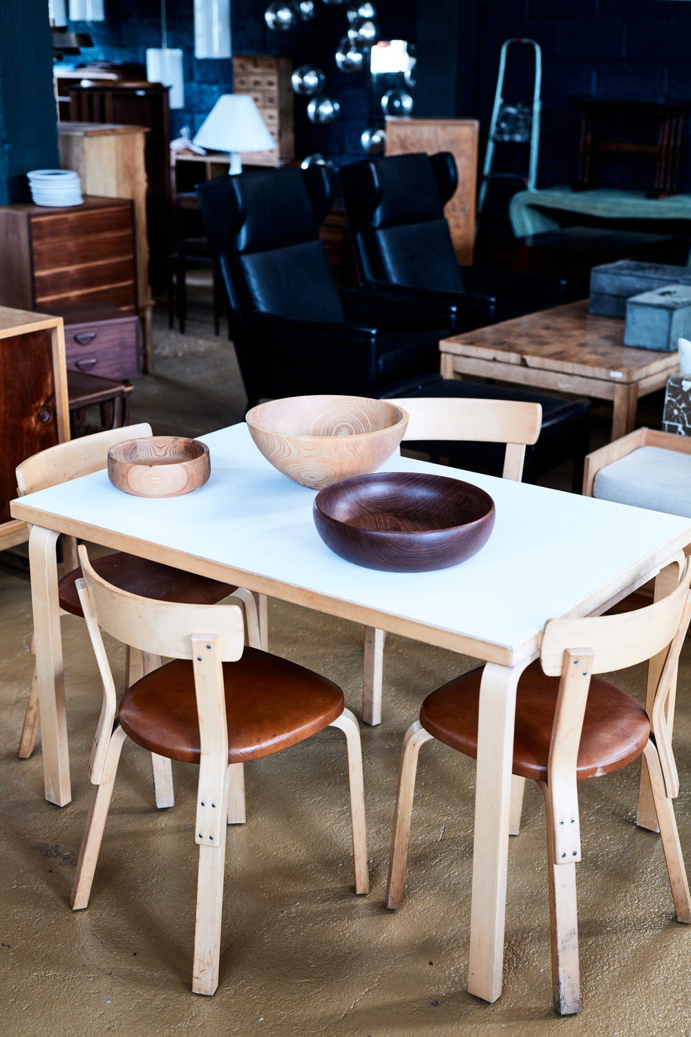 Alvar Aalto furniture from Aelfred AALTO TABLE AND 4 CHAIRS £1600, TEAK BOWLS FROM £25 at Aelfred