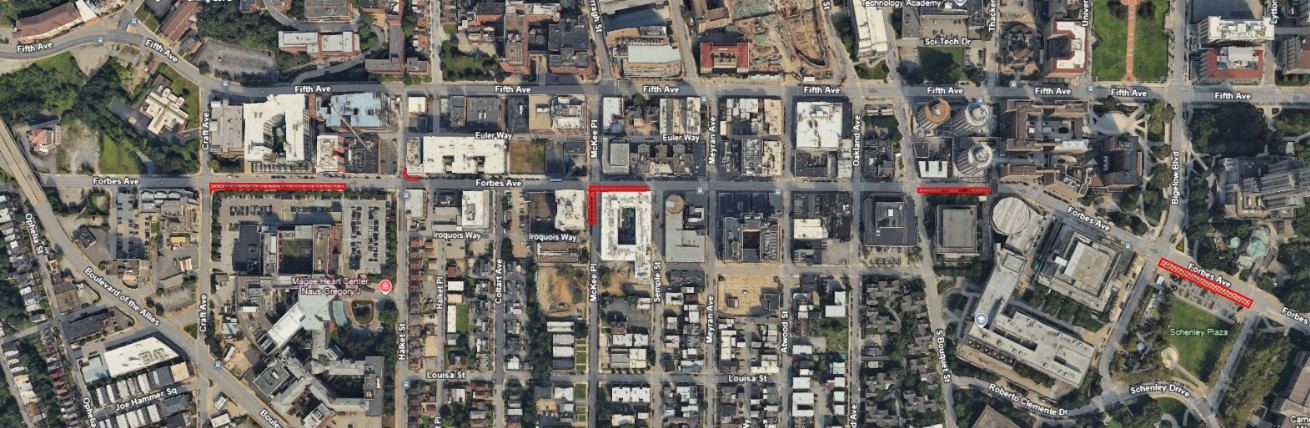 Aerial view of upcoming paving locations on Forbes Avenue in Oakland