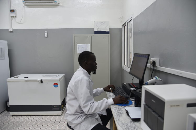 MSF Laboratory supervisor Ibrahim Massaquoi inside the Makeni Regional hospital tuberculosis laboratory, Bombali district, Sierra Leone, recording results of TB tests.  Test samples in the form of sputum and stool are transported from the 12 Direct Observation Therapy (DOT) sites that MSF supports across the Bombali district. The samples are sent to the Makeni Regional hospital for TB testing using GeneXpert machines for quality molecular diagnosis, as per WHO guidelines. Test results are shared with patients, through the staff working at the DOT sites, within 48 hours.  The laboratory also supports the monitoring of the health status of patients treated for Drug Resistant Tuberculosis (DR-TB). Routine laboratory tests are performed to measure progress of their treatment and potential need for treatment of other comorbidities (HIV, Hepatitis B, anemia, etc.). Patients affected with DR-TB come to the Makeni DR-TB ward on a monthly basis for medical check-up, drug prescription refill and an opportunity to discuss with MSF psychosocial support team and receive a food package to support them for the duration of their treatments.| Date taken: 08/12/2023 | Photographer: Ammar Obeidat