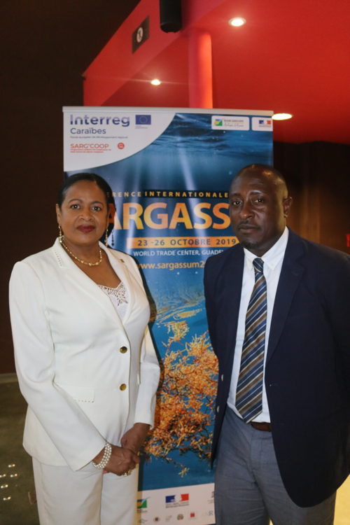 Opening Ceremony of the 1st International Conference on Sargassum at the University of Antilles (Day 1) in Guadeloupe. ACS Secretary General June Soomer and Head of the OECS Environmental Sustainability Cluster Chamberlain Emmanuel.